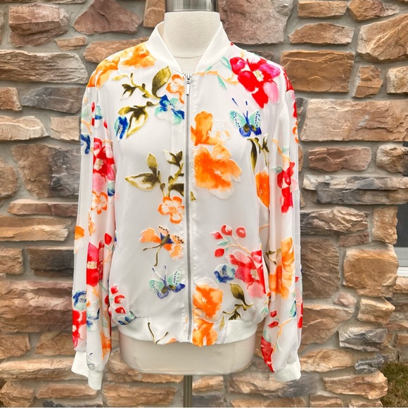 INC International Concepts White with Velvet Flowers Bomber Jacket - Picture 8 of 16